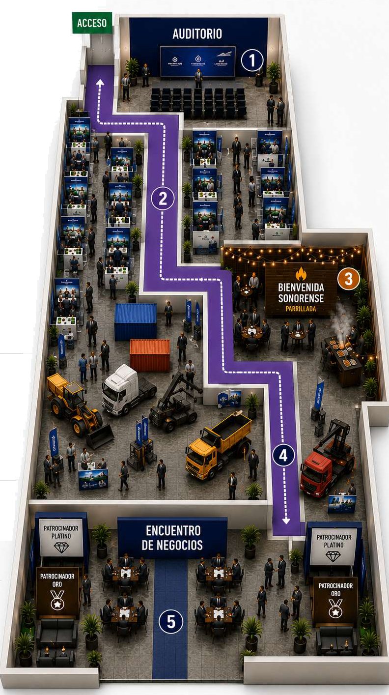 Layout del evento: auditorio, corredor comercial, zona de bienvenida sonorense, piso de exhibición industrial y encuentro de negocios